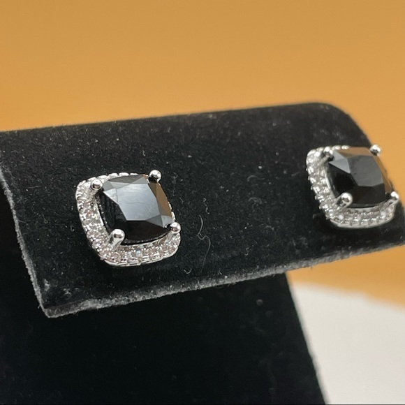 925 Sterling Silver Cushion Cut Black Onyx Diamond Halo Elegant Stud Earrings - Picture 4 of 15